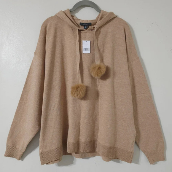 SAKS FITH AVENUE Nwt Drop Shoulder Faux Fur Trim Hoodie, Heather Camel Brown, XL - Picture 2 of 11